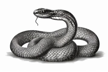 Black and white Vintage engraved art of a snake isolated on white background, ink sketch illustration, simple vector art design, highly detailed line art, high contrasty 