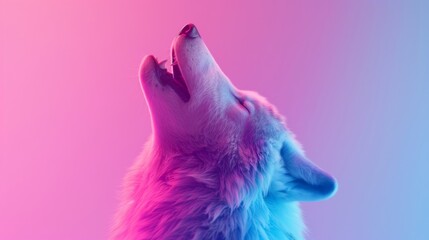 Majestic Wolf Howling, a serene wolf with vibrant fur illuminated in pink and blue light, conveys wild beauty and solitude against a softly blended gradient background.