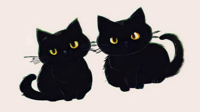 black twin cats digital illustration yellow eyes cute animals sitting side by side minimalistic cartoon art dark fur playful feline duo symmetrical drawing pet lovers vibrant design