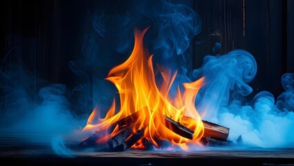 Fototapeta premium Vibrant burning fire with swirling blue smoke, abstract background, website or desktop wallpaper. Generative AI