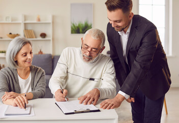 Senior couple, happy old people paper signing clients at lawyer, consultant providing professional...