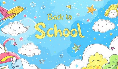 Simple "Back to School" vector with clouds, stars, and paper planes, cartoon style.
