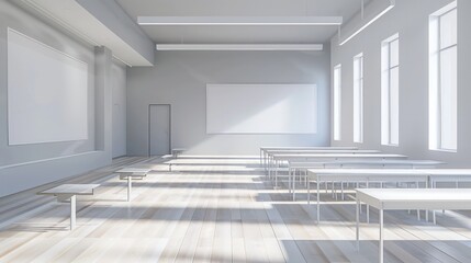 Classroom with minimalist white and grey d?(C)cor, light wooden flooring, and clean lines