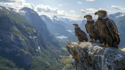 Fototapeta premium Three Bald Eagles Sitting on Top of a Rock Formation Overlooking a Valley and Mountains - Generative AI