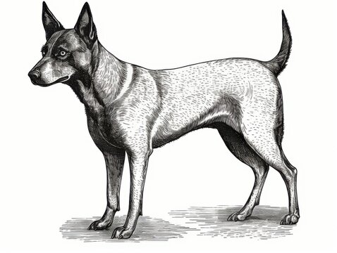 recommend clip art: Black and white Vintage engraved art of a kelpie isolated on white background, ink sketch illustration, simple vector art design, highly detailed line art, high contrasty 