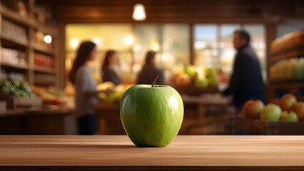 Fresh green apple in focus, blurred grocery store background, food advertisement. Generative AI