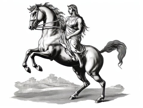 recommend clip art: Black and white Vintage engraved art of a centaur isolated on white background, ink sketch illustration, simple vector art design, highly detailed line art, high contrasty 