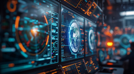 futuristic digital interface displaying multiple screens with AI and data analytics icons, showcasing advanced technology in the world of cyber security