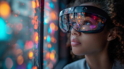 A girl wears VR glasses and enjoys her imagination.