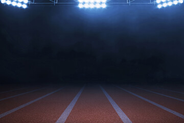 Naklejka premium Empty nobody running track at night with smoke, sport background