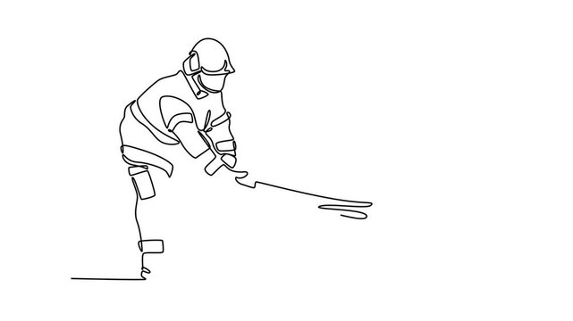 Firefighters with firefighting equipment concept. Single line draw design. Full length animation illustration. High quality 4k footage.