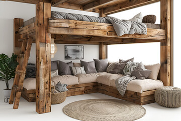 Cozy loft bed with a comfortable couch and decorative pillows.