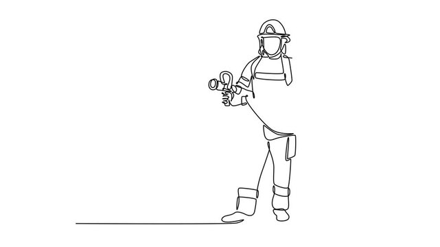 Firefighters with firefighting equipment concept. Single line draw design. Full length animation illustration. High quality 4k footage.