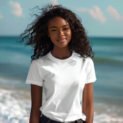 young afro american woman wearing a plain white t-shirt on the beach - fashion mock-up template