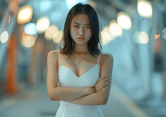 Angry Young Woman Expressing Emotion with Bokeh Background