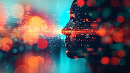 Individual using a BCI with subtle glow, digital data streams in the background, photorealistic, vibrant colors