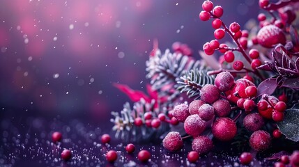 Fototapeta premium A winter bouquet of frosted berries and pine branches with a festive touch, set against a dreamy, blurred purple background with falling snow.