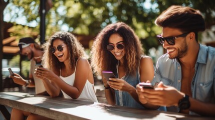 Group of friends sharing happy moments with smartphones on sunny day