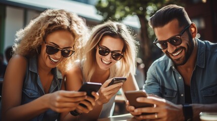 Group of friends sharing happy moments with smartphones on sunny day