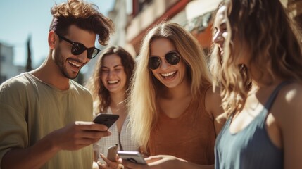 Group of friends sharing happy moments with smartphones on sunny day