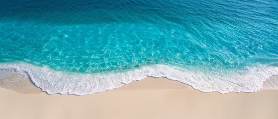 Obraz premium Aerial view of a blank white sandy beach with crystal clear water, empty shoreline, photorealistic, high detail