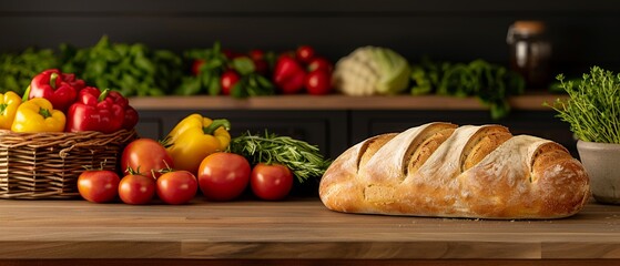 A vibrant display of artisan breads, colorful vegetables, and fresh herbs on a rustic wooden table, bright natural light, photorealistic, sharp focus