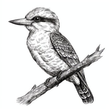 recommend clip art: Black and white Vintage engraved art of a kookaburra isolated on white background, ink sketch illustration, simple vector art design, highly detailed line art, high contrasty. 