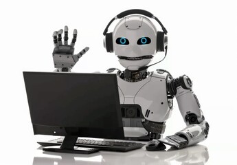 White Robot with Headset Using a Computer