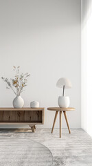 Luxury property interiors composition with minimal furniture made of wood and copy space. Rustic realty conceptual image in neutral colors.