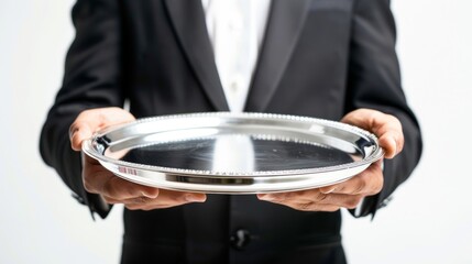 Butler holding a silver tray, isolated against a white background.
