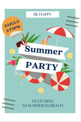 Summer party inventation template. Vector Summer Beach Party Flyer Design with typographic elements on blue  background.
