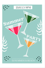 Summer party inventation template. Vector Summer Beach Party Flyer Design with cocktails elements on blue  background. Beach party illustration.