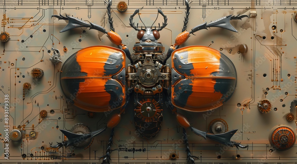 Poster this image features a stylized beetle with a steampunk aesthetic. its body is made of intricate gear
