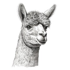 Black and white Vintage engraved art of an alpaca portrait isolated on white background, ink sketch illustration, simple vector art design, highly detailed line art, high contrasty. 