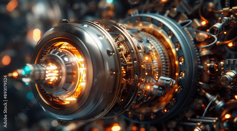 Poster A close-up abstract image of intricate machine gears, cogs, and other metallic parts glowing with an orange light. The image has a futuristic and industrial aesthetic, showcasing the complexity and