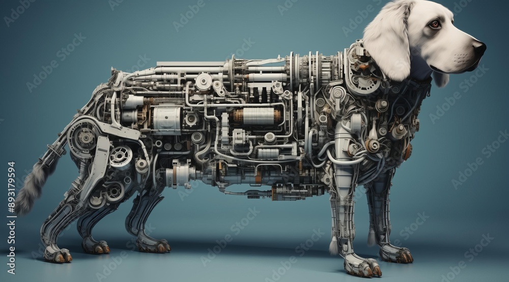 Poster a 3d render of a mechanical dog with intricate gears, pipes and wiring, standing on a light blue bac