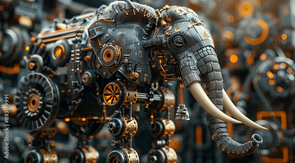 Poster a close-up of a robotic elephant, its metallic body a intricate blend of gears, cogs, and wires, wit