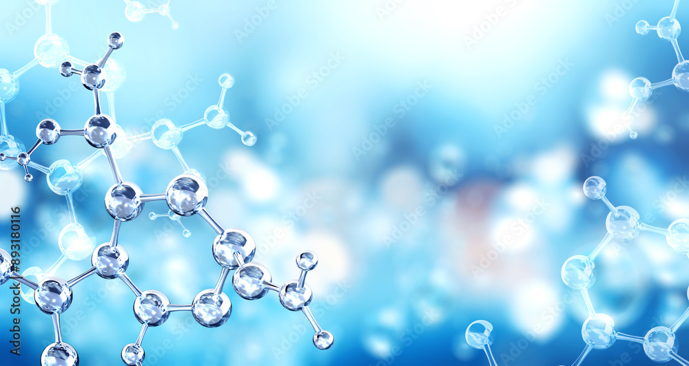 Wall mural horizontal banner with model of abstract molecular structure. background of blue color with glass at