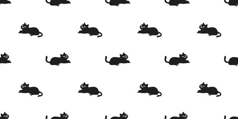 cat seamless pattern black kitten moustache calico neko vector pet cartoon doodle tile background gift wrapping paper repeat wallpaper scarf isolated illustration design