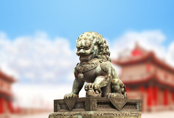 Horizontal background with ancient pavilions and lion statue in Forbidden City. Bronze chinese...