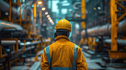 Refinery workers in overalls in the background of an oil refinery
