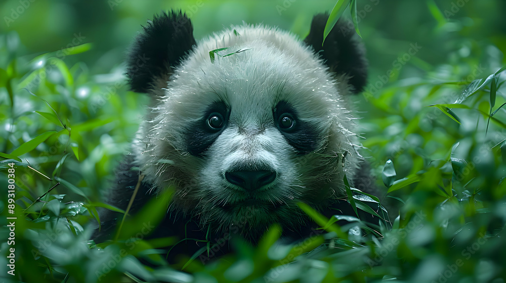 Wall mural Cute Panda Bear Cub Hiding in Green Lush Foliage - Illustration