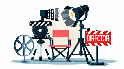 Obraz premium Filmmaking gear with camera, reels, director's chair, spotlight, megaphone, and clapperboard. Old-style movie concept. Simple, flat vector graphic on a white background.