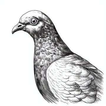 recommend clip art: Black and white Vintage engraved art of a pigeon portrait isolated on white background, ink sketch illustration, simple vector art design, highly detailed line art, high contrasty. 