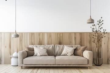 Elegant living room interiors with rustic American elements in warm colors. Residential American Real Estate composition with copy space.