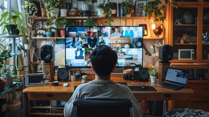 Fototapeta premium Person participating in a virtual meeting from a home office setup with multiple screens and electronic devices surrounded by plants and decor.