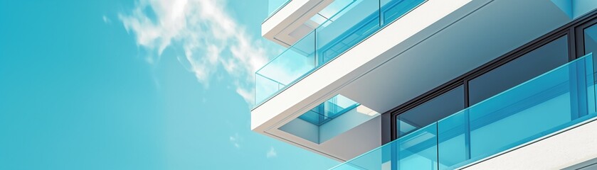 Fototapeta premium A building with balconies and a blue sky background.