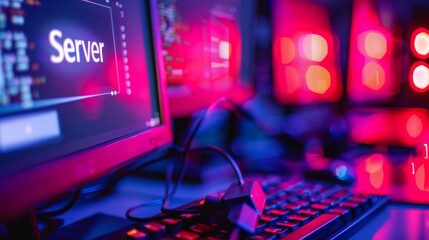 IT Experts work on downed website. Their computers show error 404. They may be fixing a software issue or hardware problem. "Server Error"