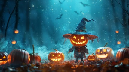 Fototapeta premium Spooky Pumpkin Patch: Realistic Halloween Scene with Carved Pumpkins and Mysterious Character