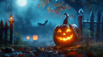 Fototapeta premium Spooky Halloween Night: Detailed Atmosphere with Glowing Pumpkin and Mysterious Character
